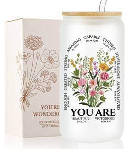 lot 13515 image: Loihayazea Glass Tumbler with Lid and Straw 16 oz Wildflower Scripture