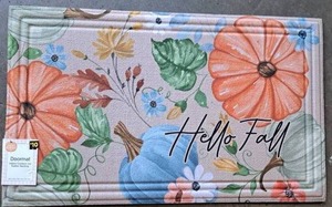 lot 13573 image: Hello Fall Pumpkin and Floral Print Doormat 18in x 30in Rubber Backing