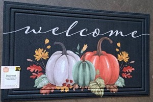 lot 13574 image: Perfect Harvest Welcome Doormat 18in x 30in Fall Pumpkin Design Rubber Backing
