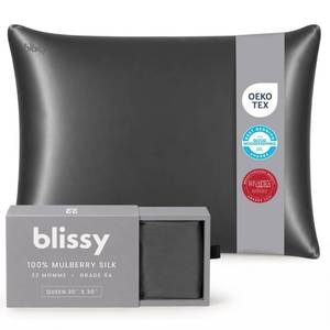 lot 14055 image: Blissy Silk Pillowcase 100% Mulberry Silk 22 Momme Queen Gray  Retail $109.85