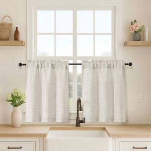 lot 14059 image: OVZME Light Filtering Faux Linen Kitchen Curtains 30W x 24L Inch 2 Pcs