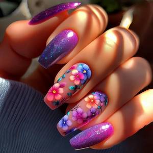lot 14081 image: TBRZTR Press On Nails Medium Coffin Purple Glitter Floral Design 24 Pieces