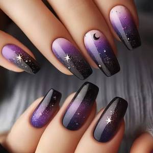 lot 14098 image: TBRZTR Press On Nails Purple Gradient Medium Ballet Stars Moon Design 24 Pieces