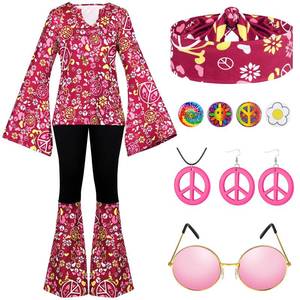lot 14128 image: Jiuguva Halloween Hippie Costume Set for Women 60s 70s 11 Pcs Size M
