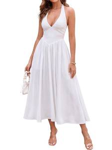 lot 14143 image: Parthea Womens Gingham Halter Backless Midi Dress White XS