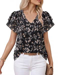 lot 14180 image: Lotusmile Womens Chiffon Blouse V-Neck Short Sleeve Top Sz. M