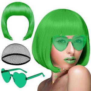 lot 14195 image: PLULON Neon Dark Green Short Bob Wig and Sunglass Set