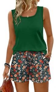 lot 14469 image: WIHOLL Womens Summer Two Piece Lounge Set Sleeveless Tank and Shorts Floral Small