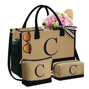 lot 14490 image: YOOLIFE Monogrammed Jute Beach Tote Bag Letter C with Makeup Bags
