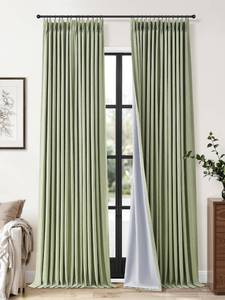 lot 17572 image: Jowels Sage Green Pinch Pleated Linen Blackout Curtains 84 Inch Long