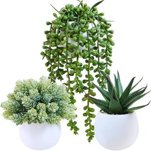 lot 17592 image: Winlyn Set of 3 Artificial Succulent Potted Plants with White Concrete Pots