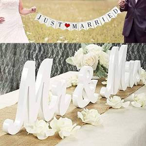 lot 17595 image: VIOPVERY Wooden Mr & Mrs Wedding Sign with Just Married Banner White