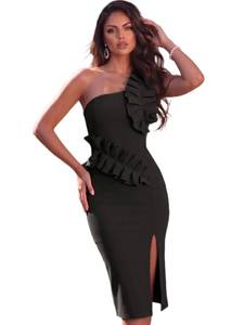 lot 18403 image: Houstil Womens One Shoulder Side Split Bodycon Midi Dress Black Medium  Retail $129.99