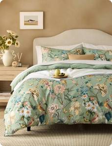 lot 1274 image: Bedsure 100% Cotton Floral Duvet Cover Set Queen Green Garden