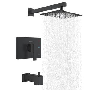 lot 1309 image: KENES Matte Black Shower Set, Tub Spout, 10 Inch Square Rainfall Shower Head  Retail $104.99