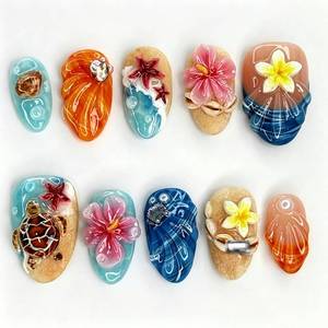 lot 2043 image: PBPCGBW Short Almond Press On Nails French 3D Seashell Starfish Turtle Flower