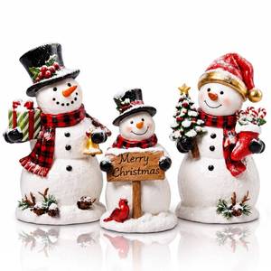lot 2874 image: Novabright 3 Pcs Christmas Snowman Figurines Rustic Resin Indoor Decor