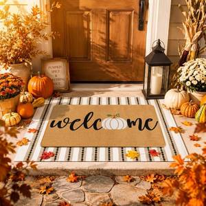 lot 2906 image: Tinideya 2 Piece Fall Layered Door Mat Set Pumpkin Welcome Beige Striped