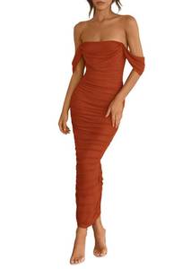 lot 2971 image: PRETTYGARDEN Womens Off Shoulder Maxi Dress Rust Red Size L