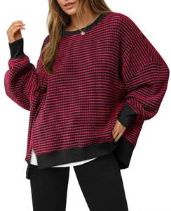 lot 5432 image: Fisoew Womens Oversized Waffle Knit Striped Long Sleeve Sweatshirt Red