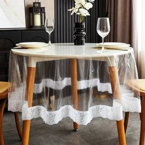 lot 6092 image: Pioggia Clear Vinyl Tablecloth Protector Lace Trim 70 Inch Round