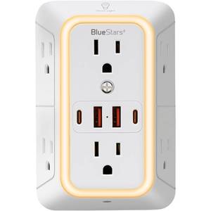 lot 6127 image: BlueStars Wall Mount Power Strip 6 Outlet 4 USB Ports 12W with Night Light