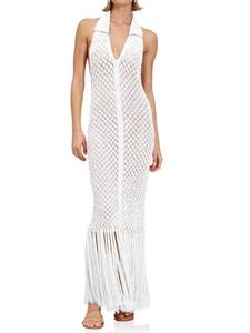 lot 6166 image: Saodimallsu Womens Halter Crochet Swimsuit Cover Up Beach Maxi Dress White