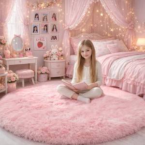 lot 7868 image: Amdrebio Pink Shaggy Round Circle Area Rug 5 Ft
