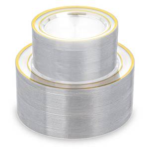 lot 7885 image: QualQuot Disposable Plastic Plates with Gold Rim, 200 Count