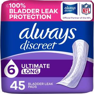 lot 7900 image: Always Discreet Adult Incontinence Pads for Women, Extra Heavy, 45 Ct