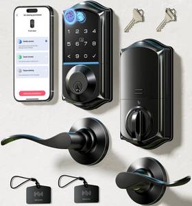 lot 7911 image: Veise Fingerprint Smart Door Lock with Lever Handle VE017-L Matte Black  Retail $109.99