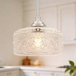 lot 7929 image: Daunton Brushed Nickel Pendant Light, Clear Glass, Adjustable Rod, E26  Retail $139.99