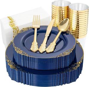 lot 7946 image: Nervure Blue Plastic Party Plates Dinnerware Set 175 Pcs For 25 Guests