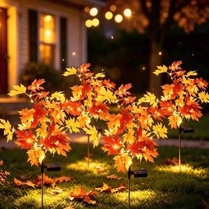 lot 7970 image: ULAROOM 2 Pack Fall Maple Leaf Solar Stake Lights 138 LED Warm White Decor