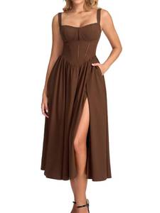 lot 8301 image: KUTUMAI Womens Summer Floral Corset Midi Dress Brown, Size XL