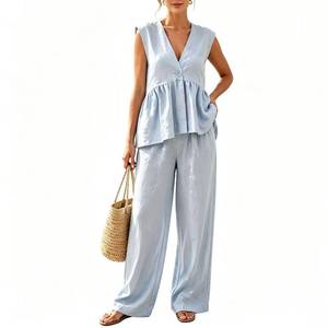 lot 8322 image: MAKABO Womens Two Piece Summer Set Blue Peplum Vest Wide Leg Pants Size L