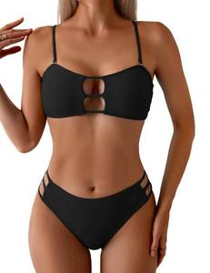 lot 8331 image: Tainehs Womens Two Piece Bikini Set Removable Strap Lace Up Bandeau Black