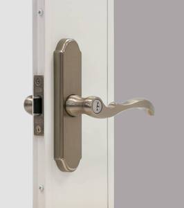 lot 8349 image: Larson Storm Door Handle Set Mortise Brushed Nickel Keyed Deadbolt M2