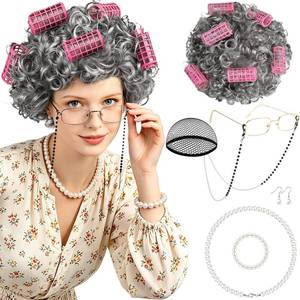 lot 8416 image: MEEZY Light Gray Curly Wig Old Lady Costume Set with Granny Glasses