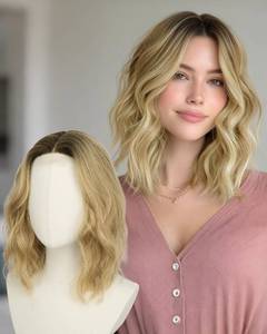 lot 8448 image: Sidaila Lace Front Wig 14 Inch Wavy Bob Dark Root Blonde T-Part