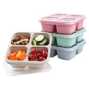 lot 8485 image: 4 Pack Snack Containers 4 Compartment Bento Snack Box Wheat Straw