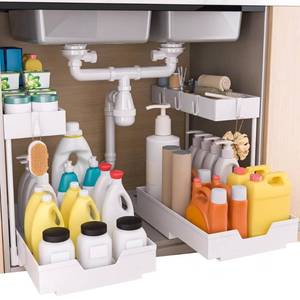 lot 13633 image: Natures Source Under Sink Organizer 2-Tier Sliding L-Shape 2 Pack White