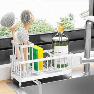 lot 13677 image: Cisily Sink Sponge Holder Caddy Organizer with Brush Holder, White, 9.25 Inch