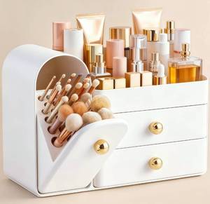 lot 13700 image: HBlife Makeup Organizer Countertop with Drawers and 27 Brush Slots, White