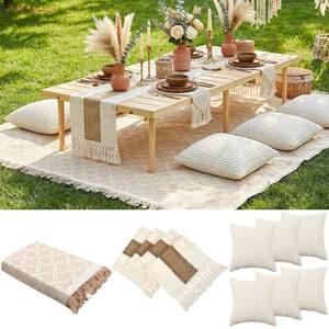 lot 13701 image: Beeveer Boho Picnic Blanket 91 x 71 Inch Table Runner Pillow Cover Set