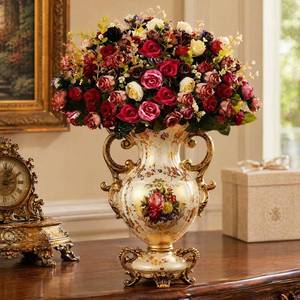 lot 13714 image: ARMUTCH Vintage Gold Artificial Flower Arrangement Vase Set 20.4 Inch  Retail $129.99
