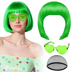 lot 14211 image: PLULON Grass Green Bob Wig with Heart Sunglasses and Hair Cap