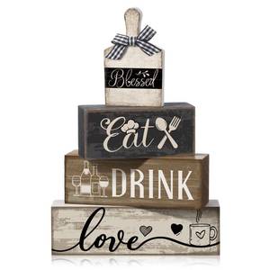 lot 14277 image: Moucuny Farmhouse Wooden Table Decor Set, 4 Pieces, Eat Drink Love Signs