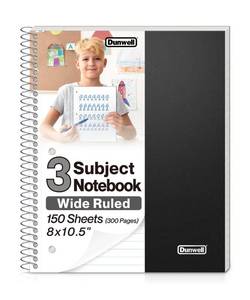 lot 14303 image: Dunwell 3-Subject Spiral Notebook Wide Ruled 150 Sheets Black