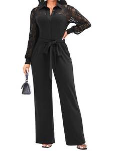 lot 14336 image: Acelyn Womens Lace Paneled Jumpsuit Long Sleeve Wide Leg V Neck Large